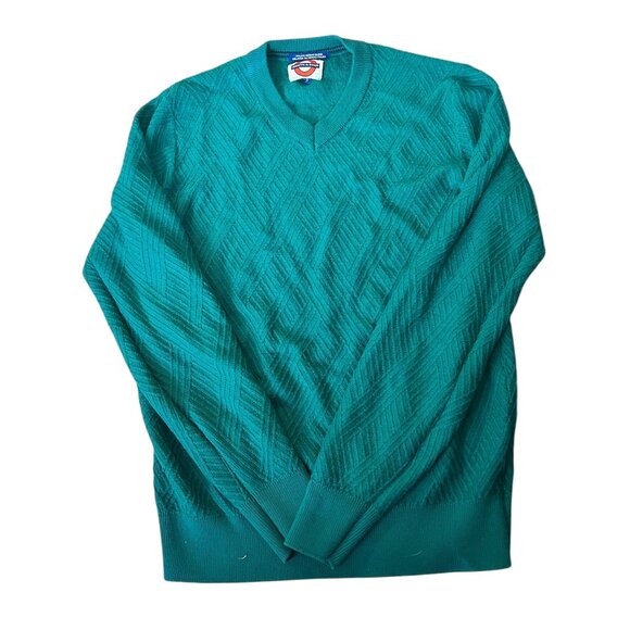 Vintage Turquoise Merino Wool Sweater Women's S V Neck Textured Knit Soft Cozy - Picture 1 of 5